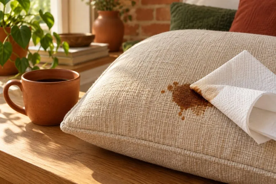 Xícara de café virada perto do tecido de um sofá.