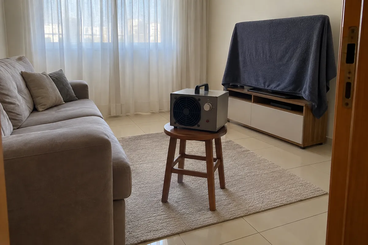 Gerador de ozônio sobre um banquinho no meio de uma sala vazia, com a televisão coberta.