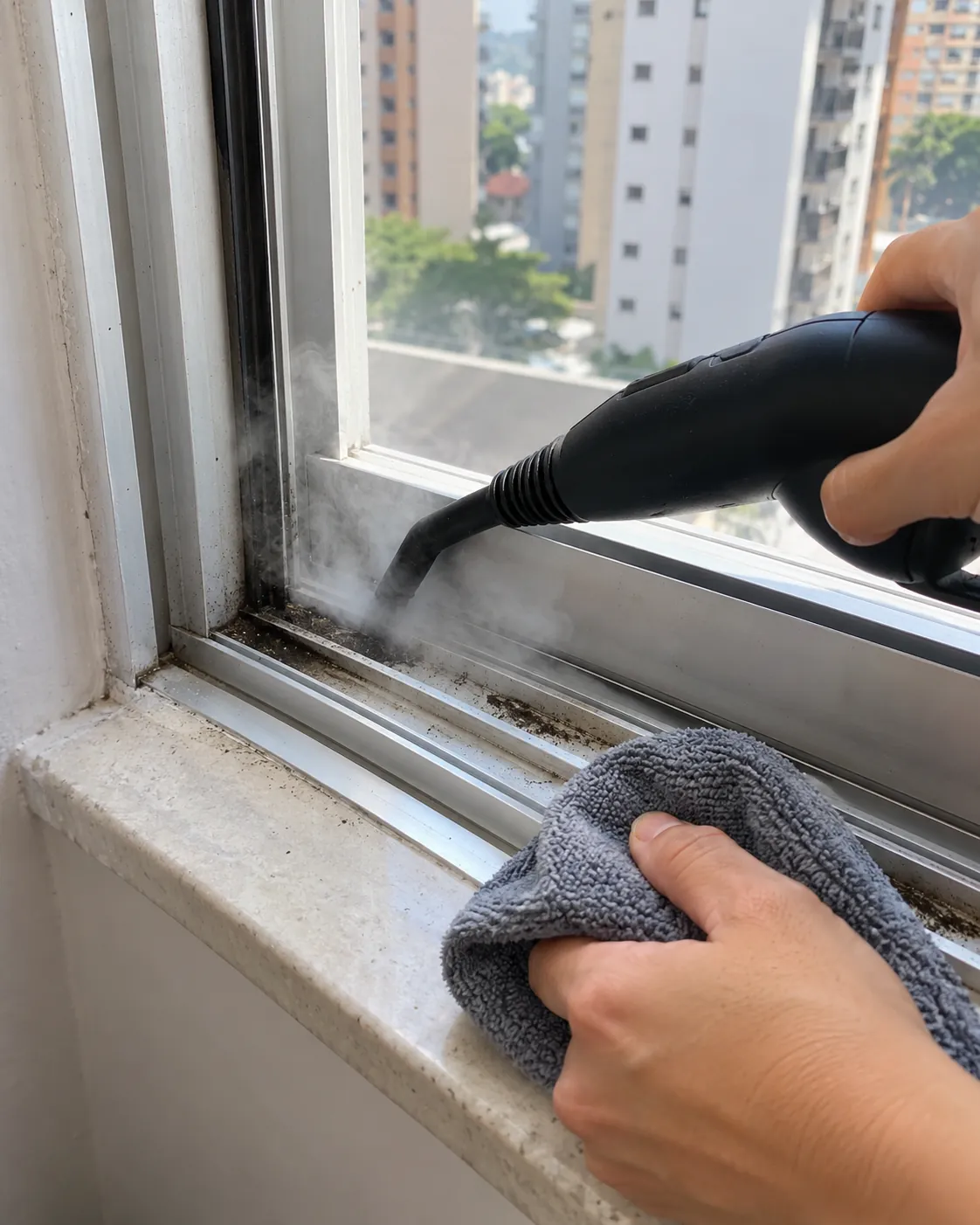 Vapor no trilho da janela, com um pano logo atrás para tirar a sujeira solta.